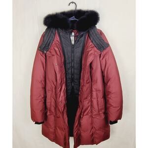 Soia & Kyo wine red feather down filled real fur trim hooded puffer coat Size L